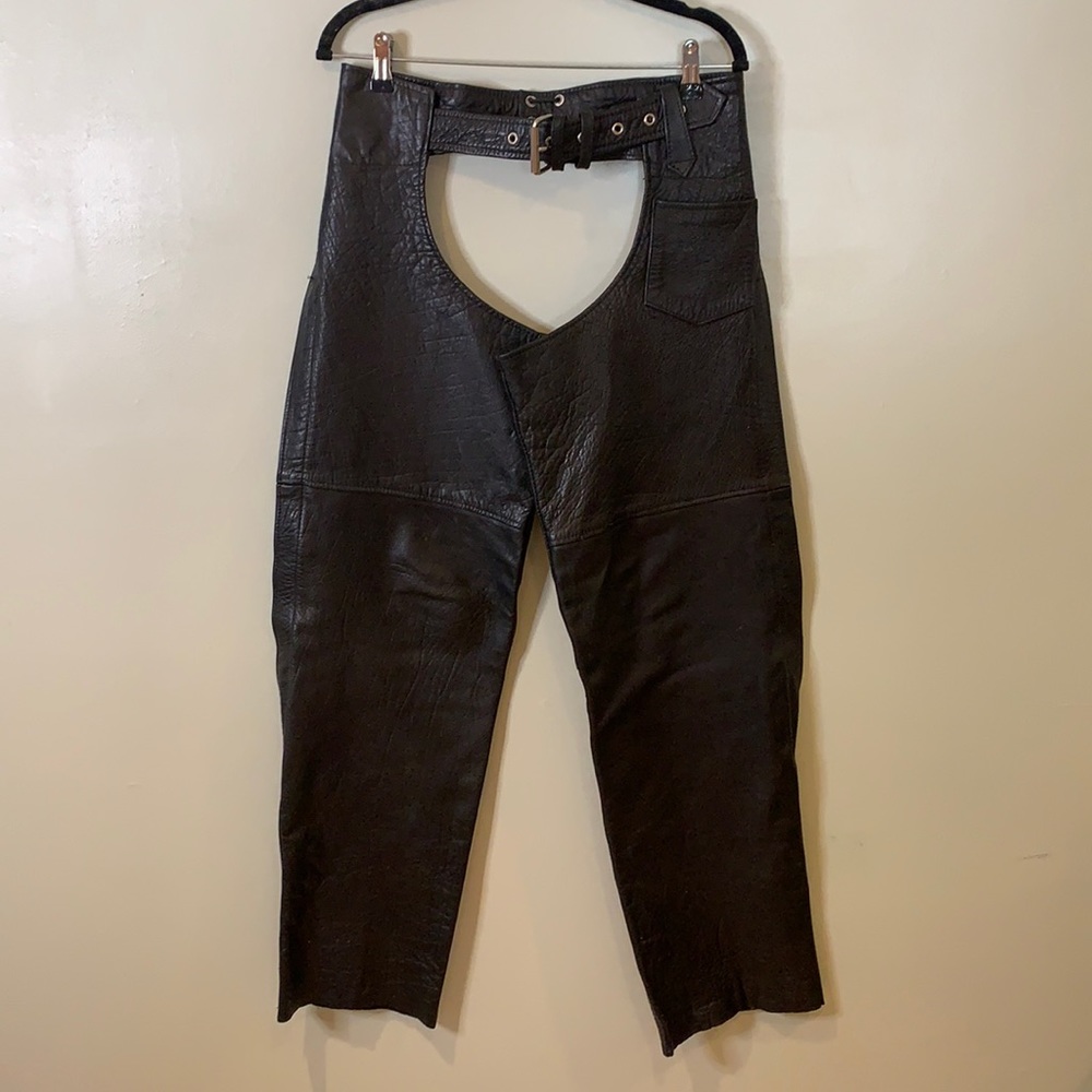 Barney’s Leather Black Leather Chaps Biker with side zipper and adjustable waist